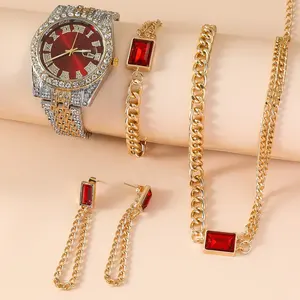 6173 keren jam tangan wanita Set Roma berlian imitasi kuarsa jam tangan Hiphop modis Analog jam tangan wanita & 3 buah rantai hadiah perhiasan Set