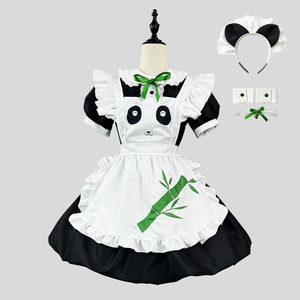 Panda Maid Costume Lolita Style Black Dress With Green Bamboo Print For Kids Anime Cosplay Role Play 8-13 Years - Product Image 1