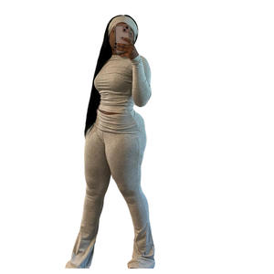 Bahar kadın giyim seksi düz egzersiz spor Fitness Flare pantolon setleri uzun kollu O boyun kadınlar 2 parça Set - Product Image 5