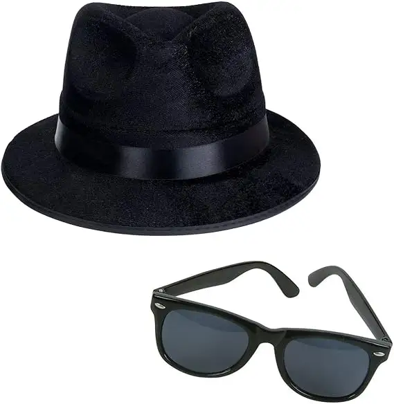 帽子の男性のためのトップ面白いパーティーブラックギャングスターハットとパーティーのための黒いサングラス