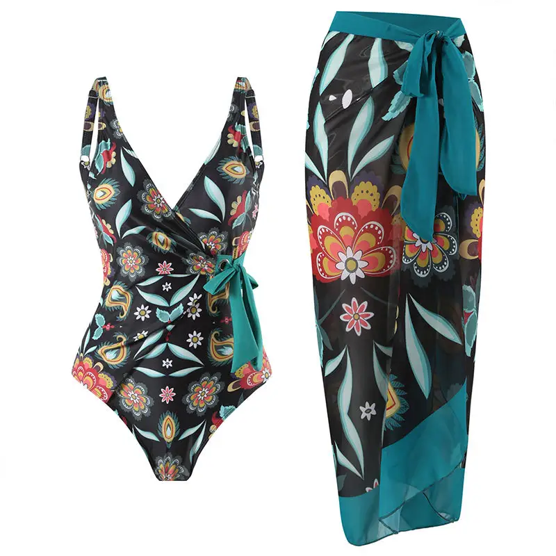 Custom Colorful Print Sling Bikini Set and Cover Up High Waist U Back Design Swimsuit Tummy Wrap Fashion One Piece Swimwear