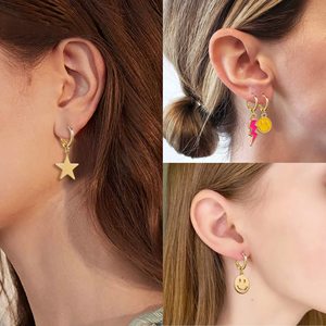 Pendientes de <span class=keywords><strong>Aro</strong></span> Huggie de Moda Chapados en Oro con Esmalte de Estrella Sonriente y Corazón, Lindos para Niñas, Gran Venta - Product Image 4