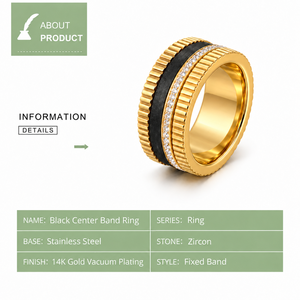 Anillo de Acero Inoxidable en Tono Dorado con Zirconia, Bañado al Vacío en Oro de 14K, Banda Central Texturizada Negra o Azul - Product Image 3