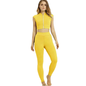 <b>Women's</b> Yellow Gym Workout Suits with Zipper Plain Yoga Suit & Customizable Logo Solid <b>Pattern</b> for Adults - Product Image 1
