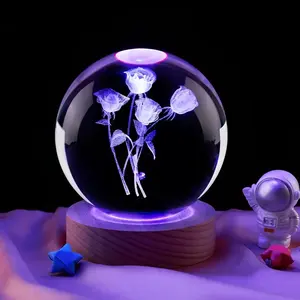 EU Crystal Ball With Led Base For Mothers Day Gift Rose Etching 3d Laser Night Light