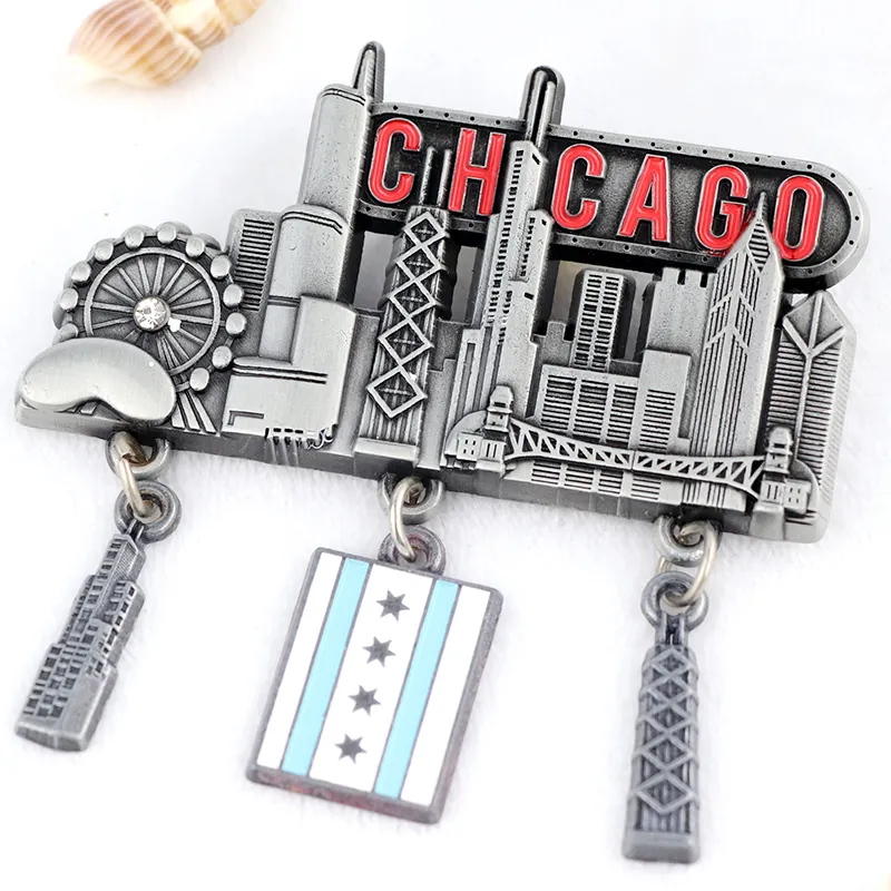 Рекламный продукт, металлические сувениры из Чикаго, города, страны, туристические сувениры, 3d подвеска, магнит на холодильник