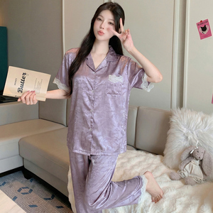 Set di Lusso per Pigiama <span class=keywords><strong>da</strong></span> <span class=keywords><strong>Donna</strong></span>: Top a Maniche Corte e Pantaloni Lunghi, Adatto per l'Uso Diurno, con Finitura Simil-Seta - Product Image 4