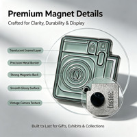 Op maat gemaakte koelkastmagneet van zinklegering, instant camera design, vintage stijl, zacht emaille epoxy dome, sterke magnetische achterkant, cadeau, op maat gemaakt