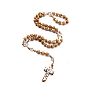 Rosario Católico Mecrt con Crucifijo, Cuentas de Madera Retro, Aleación, Cruz de Jesús, Colgante de la Virgen María, Collar de Rosario - Product Image 4