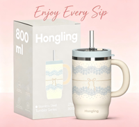 Hong Ling Vente en gros OEM Gobelet empilable à double couvercle 800 ml en acier inoxydable avec doublure en verre borosilicate, poignée et paille