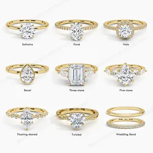 Abiding Real Gold 9K 10K 14K 18K Women Cushion Emerald Cut Engagement Rings Set Custom Diamond Moissanite 3 Stone Ring