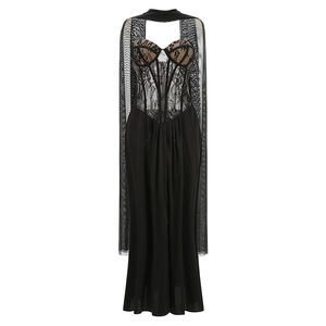 Abiti <span class=keywords><strong>da</strong></span> sera all'ingrosso: Abito lungo gotico formale <span class=keywords><strong>da</strong></span> sera, <span class=keywords><strong>da</strong></span> ballo, <span class=keywords><strong>da</strong></span> damigella d'onore, <span class=keywords><strong>in</strong></span> <span class=keywords><strong>pizzo</strong></span> nero con corsetto e mantella trasparente - Product Image 6