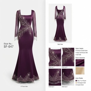 Robe sirène pour femme, couleur prune foncé, avec détails brodés en plumes de paon artistiques et cristaux, et bordure à franges spectaculaire, pour soirée - Product Image 2