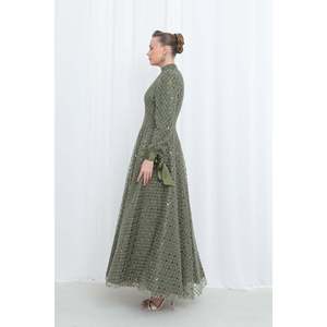 Robe de soirée en satin ornée de paillettes pour femmes avec détail de manchette - 17014ELB - KHAKI - Product Image 3