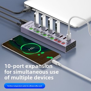 Hub <span class=keywords><strong>USB</strong></span> 3.0 10 ports <span class=keywords><strong>SuperSpeed</strong></span> 5Gbps Data Hub Desktop Expansion Hub pour PC Mac Laptop avec indicateurs LED individuels - Product Image 2