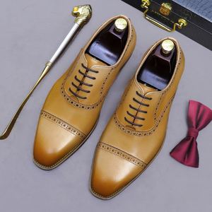 Zapatos de Cuero Genuino de Lujo Originales, Casuales, con Punta Cuadrada, Formales para Negocios, con Color Degradado, Tallados, Color Claro, con Cordones, Antideslizantes y Transpirables - Product Image 1