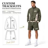 Ensemble de survêtement personnalisé vert olive en nylon, veste et short colorblock crème pour homme, fermeture éclair, col montant, logo imprimé, fournisseur OEM