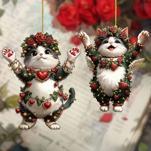 2025 Rose Flower Kitten Car Pendant for Rearview Mirror Cute Cartoon Cat Pendant Rose Flower Acrylic <b>Keychain</b> Valentine's Gift - Product Image 5