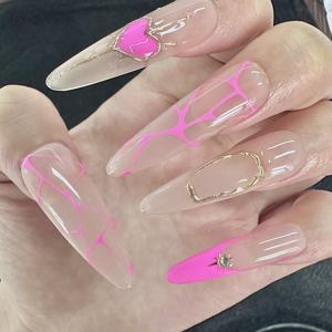 Faux ongles longs à presser effet stiletto, <span class=keywords><strong>rose</strong></span> nude, avec décoration française et ligne néon <span class=keywords><strong>rose</strong></span>, pour femme, idéal pour les soirées – Direct Usine - Product Image 1