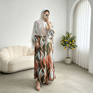 Ensemble Abaya à imprimé abstrait pour femmes, style kimono ouvert, robe musulmane en mousseline avec hijab, vente en gros pour l'Aïd Ramadan - Product Image 2