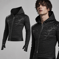 Veste d'hiver pour hommes en cuir végétalien noir et gris à rayures larges, style punk, avec capuche et fermeture éclair, personnalisable, vente en gros