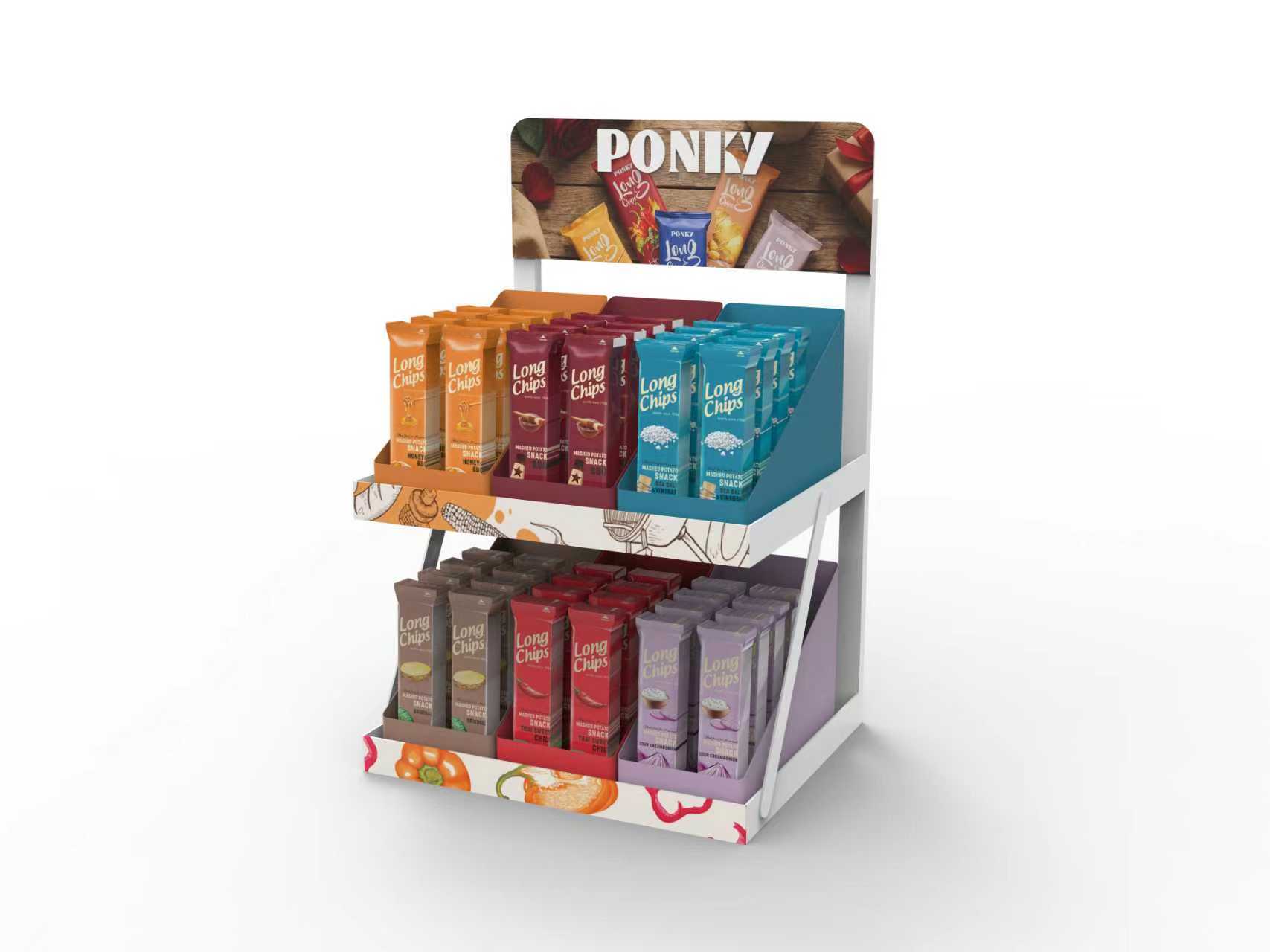 Custom 2-Tier Metal Countertop Snack Display Rack for Convenience Store Retail Store Food Chips POP POS Display Rack Apache — view 2