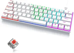 Keyboard Gaming mekanik ergonomis, 60 persen kabel tipe-c tahan lama dapat dilepas kabel Mini Gaming putih dengan sakelar merah