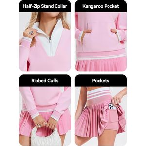 Conjunto de dos piezas para mujer: falda de tenis y sudadera con media cremallera y bolsillos, atuendo de golf, ropa deportiva transpirable de punto azul claro - Product Image 4