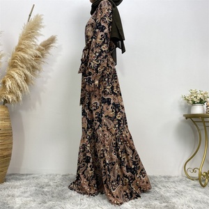 6373# Pretty Chic Pattern Lace up Pleated Neckline Stitching Bottom Elegant Bubble Chiffon Dress - Product Image 3