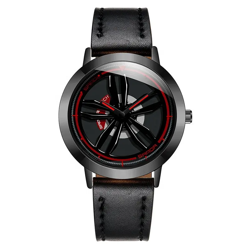 Top Brand Sanda 1010 Leather Strap Skeleton Quartz 3D Car Rim Watches Sports Rotating Wheel Men Wrist Watch