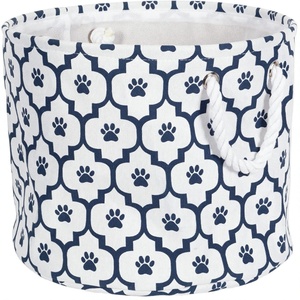 Panier de rangement pliable pour animaux de compagnie, écologique, avec motif de patte en treillis, grand, rond, blanc/bleu marine - Product Image 3