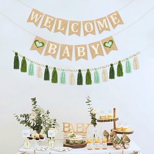 Guirnalda de banderines de arpillera para Baby Shower, cartel de bienvenida para bebé de fieltro, guirnalda de borlas verde salvia ombré con corazón y verde oliva con cuentas - Product Image 6