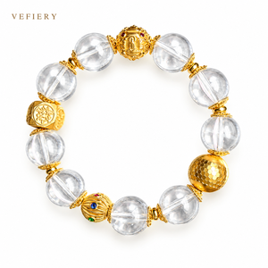 Natural Clear Quartz Transparent Round Beaded Stretch <b>Bracelet</b> with Gold Tone Details <b>for</b> <b>Women</b> Jewelry Wholesale - Product Image 1