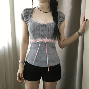 Cute Girl Lace Tie-Up Short Sleeve T-Shirt Women Summer Eco-Friendly Breathable V-Neck Lace Trim Button Front Casual Office Base - Product Image 5