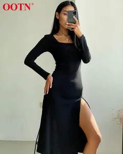 OOTN عارضة النساء فساتين سترة ميدي الخريف الشتاء السيدات Bodycon اللباس انقسام مثير الصلبة محبوك اللباس طويلة الأكمام الكاكي Ribbe