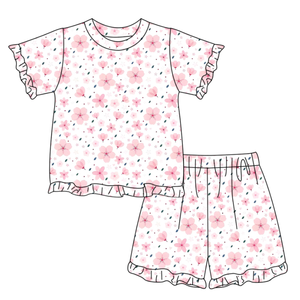 GSSO3339 Conjunto de Verano Personalizado para Niña Pequeña, con Estampado de Flores y Lazos Rosas, Conjunto de Manga Corta para Niña, Venta al Por Mayor - Product Image 5