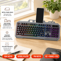 Clavier filaire à panneau métallique 104 touches rétroéclairées couleur, deux emplacements pour téléphone, touches FN, résistant aux éclaboussures, USB pour PC Gaming, vente en gros T16