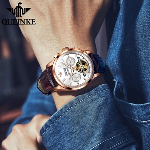 Montre homme OUPINKE 3291, luxe, tourbillon ajouré, mécanique, entièrement automatique, étanche, calendrier, chronomètre. - Product Image 4