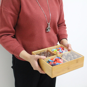 Caja de dulces de bambú con múltiples compartimentos y tapa acrílica para almacenamiento y protección contra el polvo, organizador rectangular de escritorio - Product Image 3