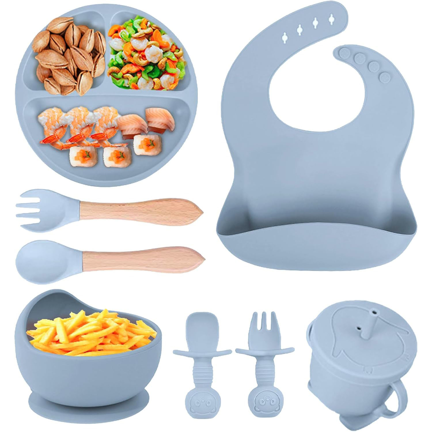 096#baby plate+baby bib+spoon+water cup+lid