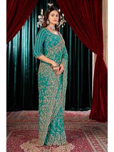 Luxury Ethnic Heavy Fandy <b>Satin</b> Saree with Fine Heavy Beads Embroidery Rich Designer <b>Blouse</b> Elegant Bridal Wedding Party Festive - Product Image 3