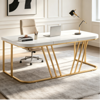 Bureau de direction moderne en or blanc, grand bureau large avec plateau en bois et métal, bureau de luxe pour PDG, pour bureau et salle d'étude