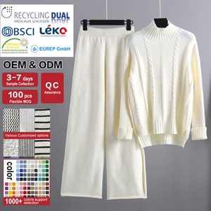 Demi pull à col roulé pull torsadé solide haut tricoté à la main et <span class=keywords><strong>pantalon</strong></span> à jambes larges salon 2 pièces ensemble pour femmes pull ample costume - Product Image 2