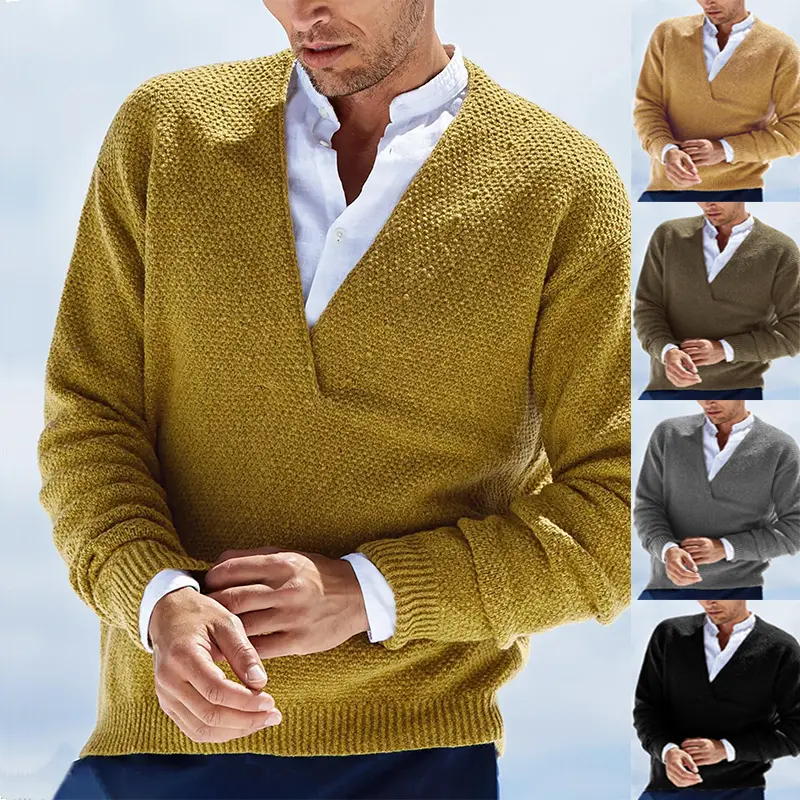 Ocio Hombres Comercio exterior Nuevo Jersey Color sólido Manga larga Cuello en V Camisa de punto para hombre Suéter