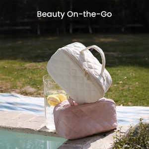 Quilted Travel <b>Makeup</b> <b>Bag</b> for Women 180°Wide Open View Lightweight Multi <b>Compartments</b> Portable Cosmetic Organizer - Product Image 6