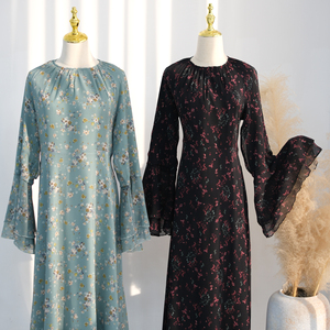 Abiti da donna in <span class=keywords><strong>chiffon</strong></span> stampato 2026 per uso quotidiano, Abaya chiusa con <span class=keywords><strong>maniche</strong></span> a campana, Abaya Ramadan 2026, <span class=keywords><strong>Abito</strong></span> musulmano da donna, Abaya floreale Eid - Product Image 6