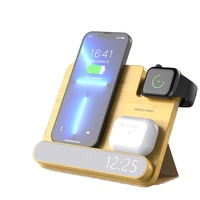 Stasiun Pengisi Daya Nirkabel Cepat Kayu dengan Jam LED Digital Pengisi Daya Nirkabel Kayu untuk Jam Tangan Pintar dan Ponsel 12/13/14/15/16/17