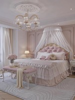 Ensemble de lit double en bois sculpté avec des papillons roses et des fleurs, style princesse, chambre de fille, design précieux, style italien, Milan