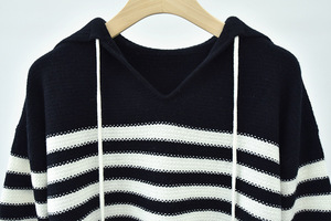 <span class=keywords><strong>Pull</strong></span> à capuche en tricot <span class=keywords><strong>rayé</strong></span> noir et blanc décontracté pour femme, col <span class=keywords><strong>marin</strong></span>, cordon de serrage, manches longues - Product Image 5