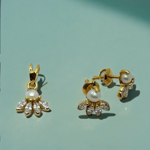 Gold Pearl and <b>Crystal</b> <b>Stud</b> <b>Earrings</b> with Matching Pendant and <b>earrings</b> Set Elegant Designer Jewelry for Women - Product Image 2
